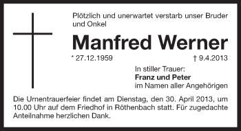 Traueranzeige von Manfred Werner von Pegnitz-Zeitung
